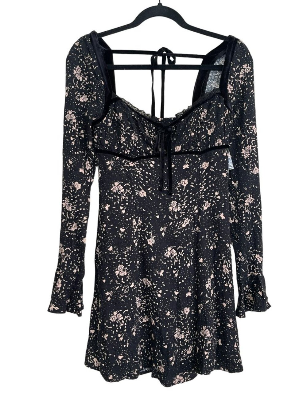 Free People Black Floral Mini Dress Tess Long Sleeve XS NWT - Picture 4 of 9